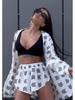 Women's Loose Long-Sleeve Print Lace-Up High Waist Shorts Suit
