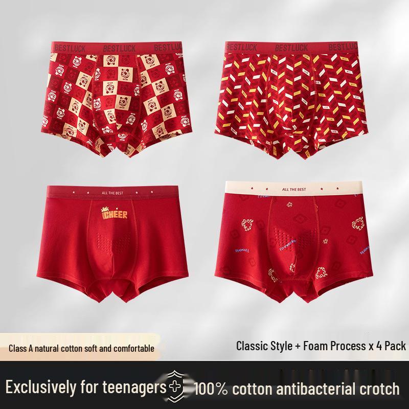 A-grade pure cotton red underwear for teenage boys (15-18) during growth spurts; autumn/winter, non-chafing, zodiac-themed.