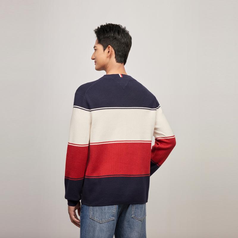 Tommy Hilfiger Cotton Casual Commuter Striped Loose Round Neck Pullover Knit Top Men Tops Black White Red MW0MW35651