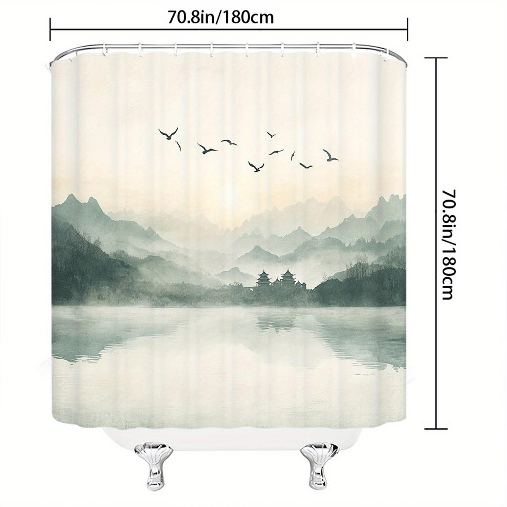 Misty Mountain Sunrise Shower Curtain - Serene Nature Scene with Birds, Machine Washable,12 Hooks, 70.8x70.8In,Modern Bath Decor