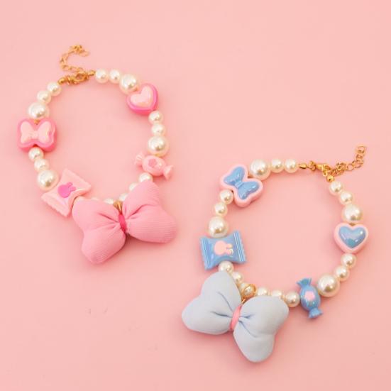 Faux Pearl Pet Collar Adjustable Cat Necklace with Candy Bow Decor for Puppy Kitten Wedding Party Accessories
