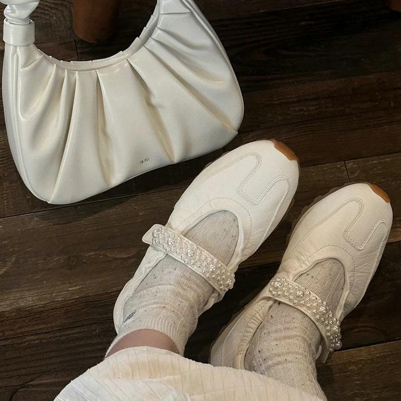 Fashion French Marie Jean Shoes 2025 Summer New Pearl Women'S Shoes Sports Casual Shoes, Retro Ballet Training Shoes For Women