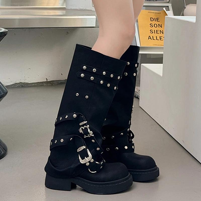 Fashion Women Knee High Chelsea Boots Platform Walking Shoes New Punk Style Black Motorcycle Boots Fashion Thick Middle Heeled Botas