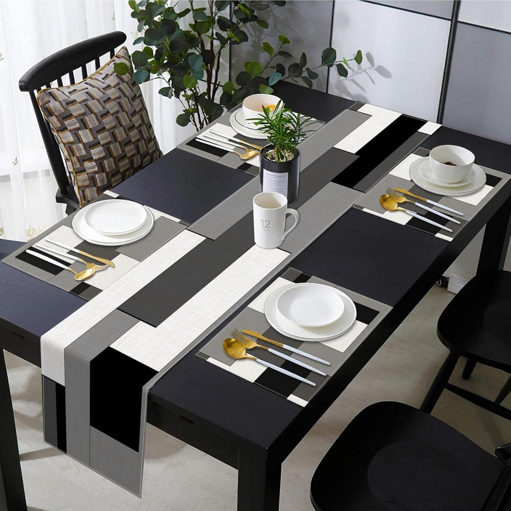Emvency Black Grey Table Runner and Placemats Set of 6, Modern Geometric Abstract Painting Art Dining Table Decor for Daily Use(1 Table Runner 72