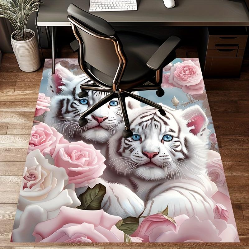 1pc White Tiger and Rose Pattern Area Rug - Polyester, Non-Slip, Machine Washable, Comfortable Chair Mat for Living Room,