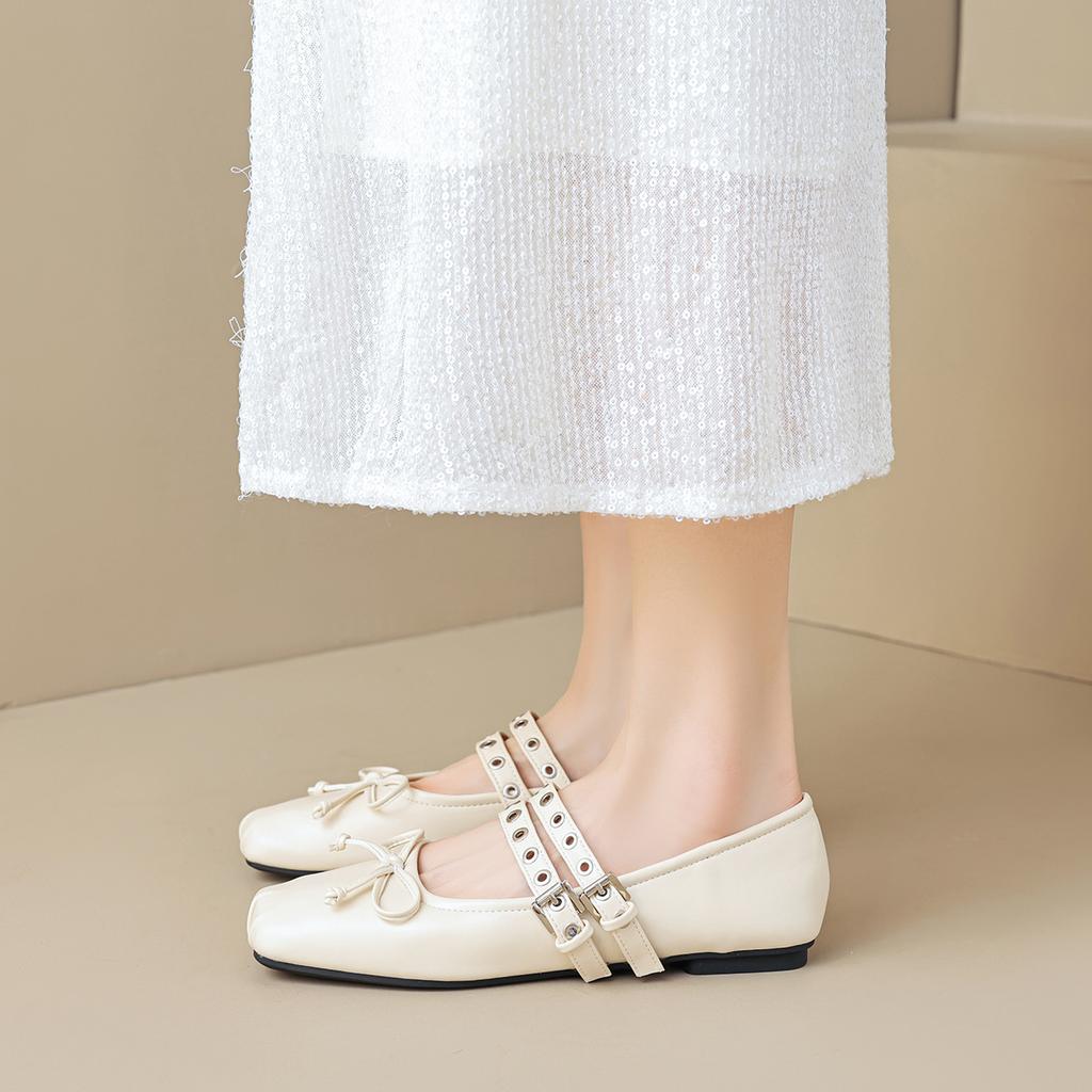 Weiwei Women's 1516-16 Square Head Single Shoes Women's Flat Bottom Shallow Mouth Bow Soft Sole Ballet Shoes with Mary Jane