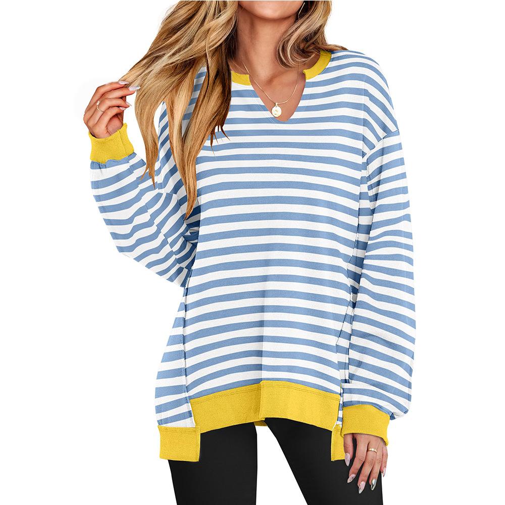 A New Autumn and Winter Style of Colorful Striped V-neck Loose Sweatshirt for Women