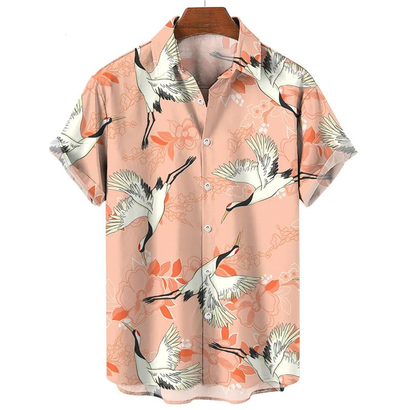 Camicia Hawaiana Animale Retrò Uomo Stampa Gru 3D Manica Corta Ampia Casual Oversize Top Harajuku Street Camicetta a Bottoni