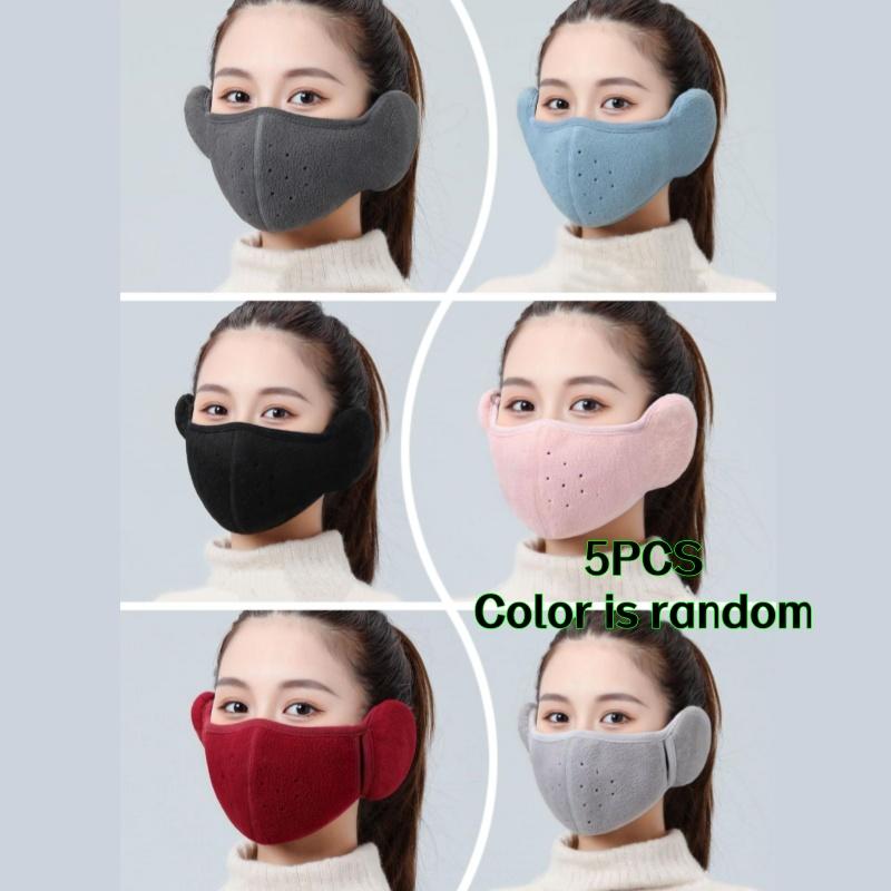 

5Pcs Random Color Windproof Earmuffs Winter Warm Breathable Mask Cycling Cold Protection Two-In-One Three-Dimensional Cotton Face Mask Ear Prot