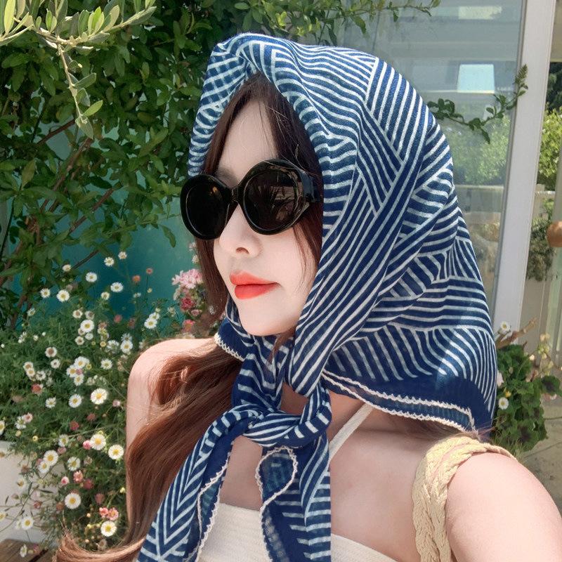 French striped 91 large square scarf cotton and linen silk scarf tube top women's belt summer seaside vacation headscarf sun protection shawl