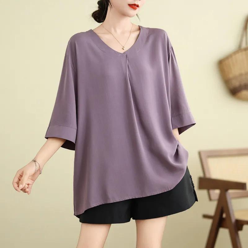 Summer Women's Oversized V Neck T-shirt Half Sleeve Top