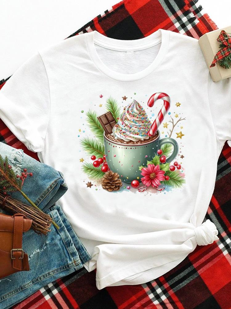 (Asian Size) merry Christmas new year o-neck Women's Top T Clothing Print lovely trend cute Short Sleeve T-shirts Fashion holiday Graphic Tee
