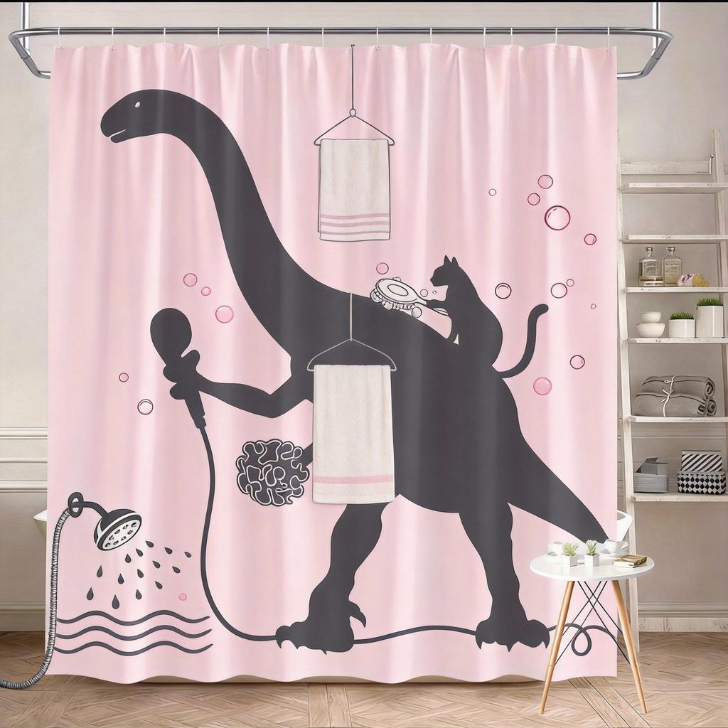 Dinosaur Shower Curtain 1180x180cm – Funny Cat Sidekick, Bathroom Karaoke Scene, 12 Hooks Bath decorative shower curtain