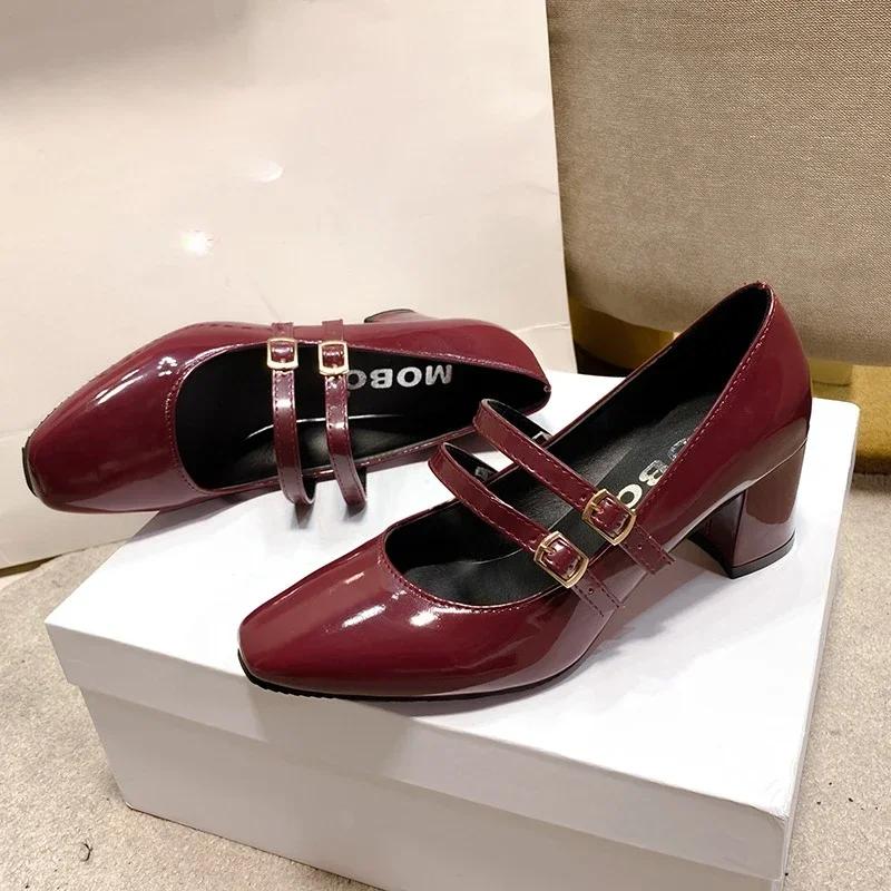 Fashion 2025 Spring Autumn Women Double Buckle Pumps Shoes Leather Square Head Square Heel Solid Color Women's Shoes Heeled Loafers