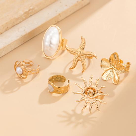 6Pcs/Set Finger Ring Set, Ocean Style Adjustable Ring with Imitation Pearl And Shell Texture, Bohemian Style Stackable Rings for Women