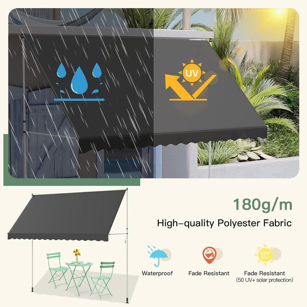 YODOLLA Retractable Manual Awning 3m - UV Resistant, Easy Installation, Stable Aluminum Frame - Dark Gray