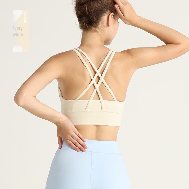 European-American Style Cross-Back Sports Vest: Shock-Absorbing Gathered Sports Bra & Nude Yoga Top for Women