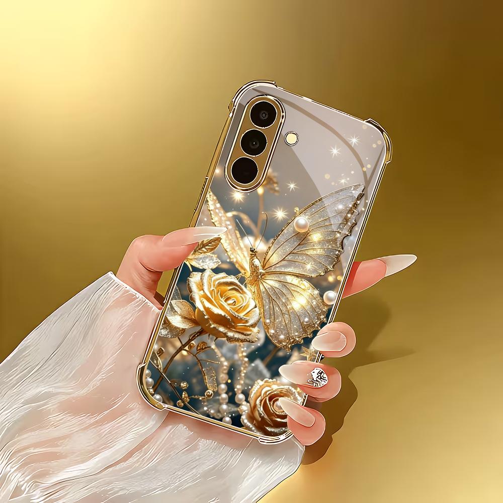 Butterfly Flower Electroplated Glass Phone Case Suitable for Samsung Galaxy S26 S25 S24 S23 S22 S20 FE/Ultra/Plus Anti Drop