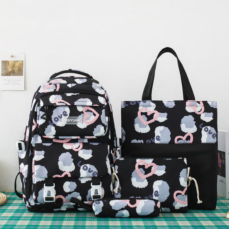 Women's Love Backpack Set Student Large Capacity School Bag Women's Four-Piece Backpack with Pen Bag