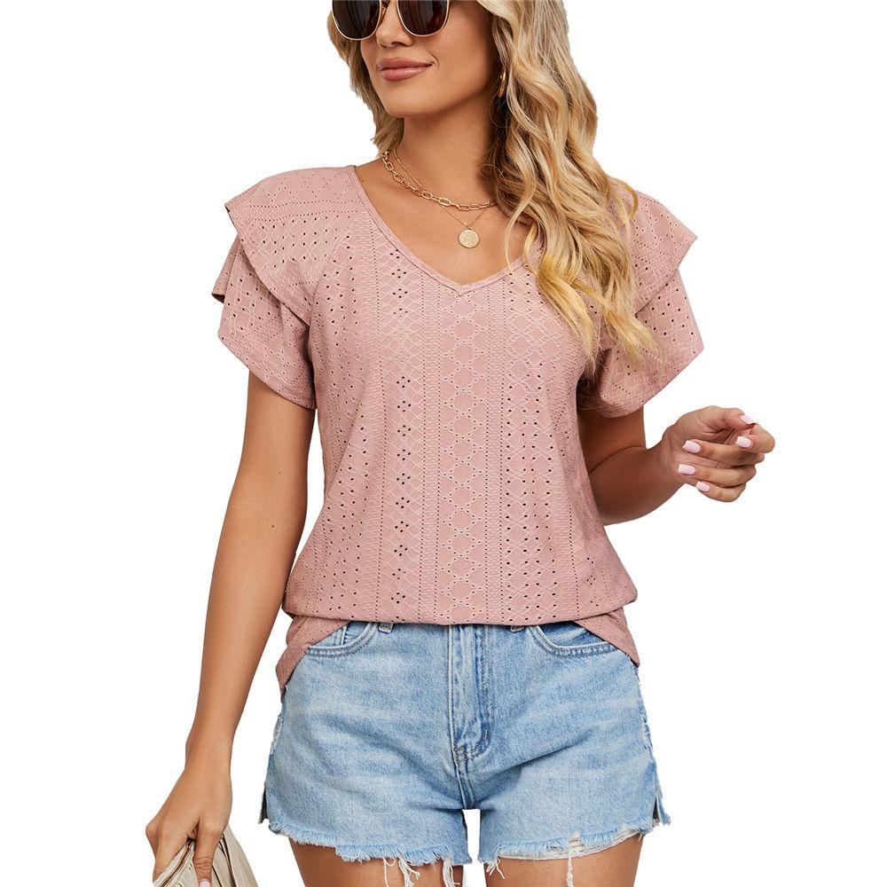 Womens Summer Eyelet Tops V Neck Double Ruffle Sleeve Casual Blouse Shirts Loose Fit Tops