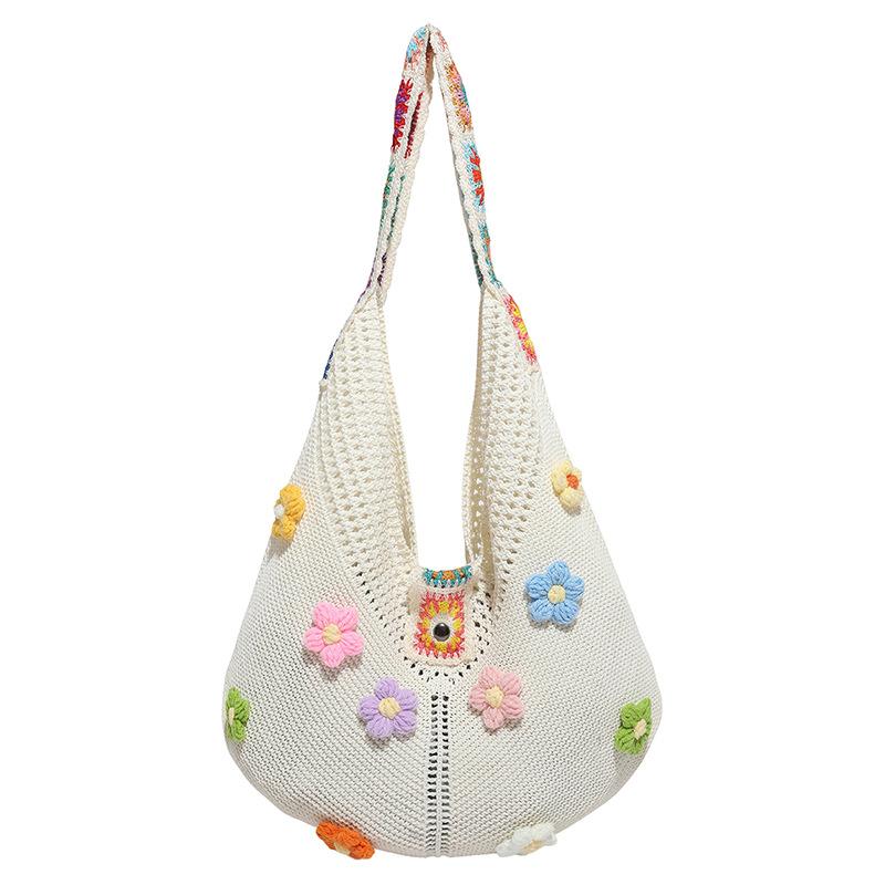 Flower Cotton Thread Woven Bag Women's 2025 New Summer Large-capacity Shoulder Bag Relaxation Vacation Beach Bag