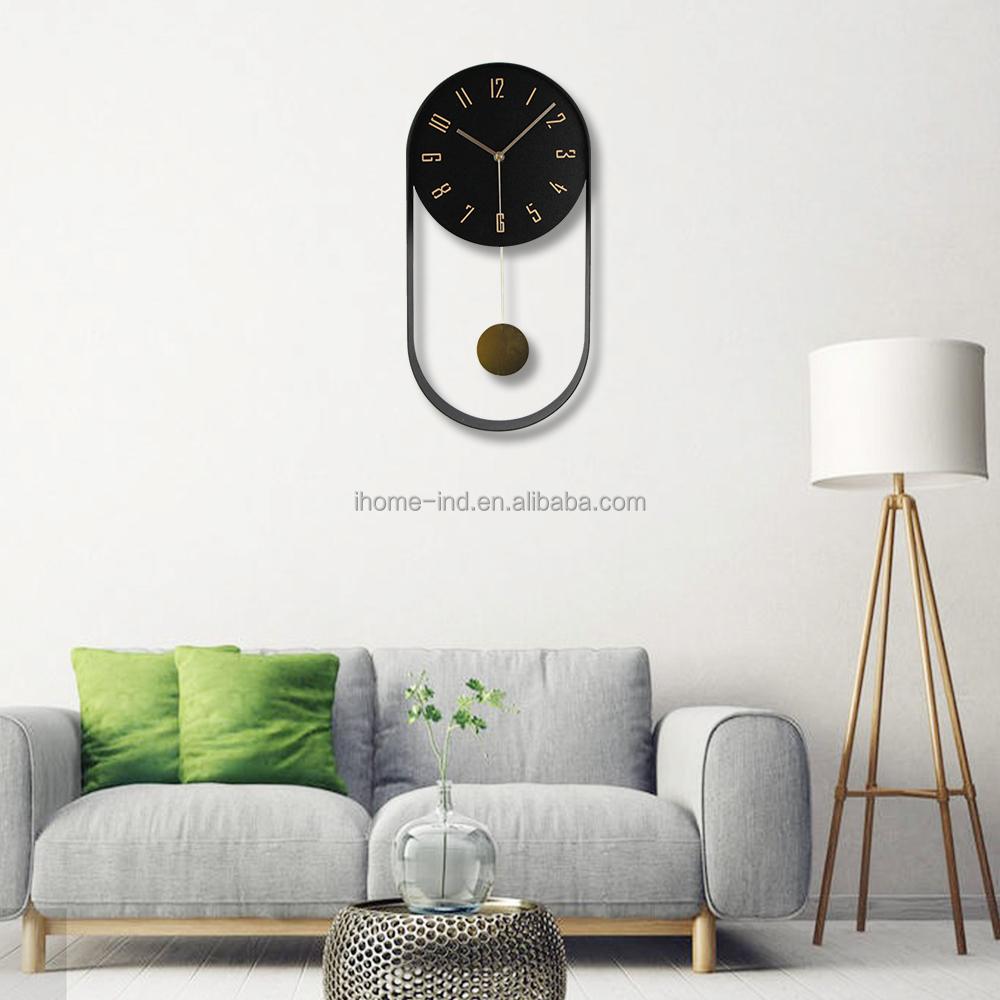 Metal Oval Wall Clock Unique Design Pendulum Decorative Clock Home Living Room Decor