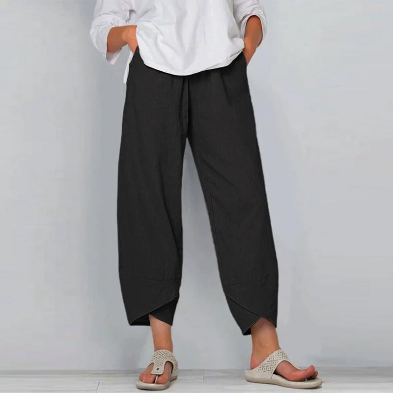 Women's Solid Color Loose Casual Cotton and Linen Elastic Waist Pants Cropped Pants Wide-leg Pants