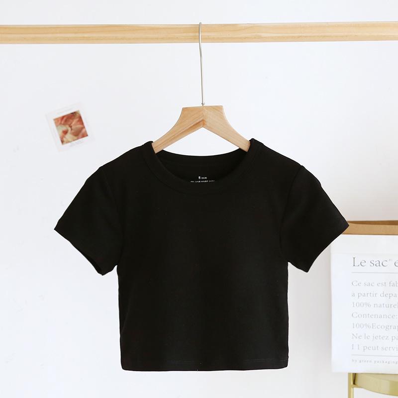 Women's Short-Sleeve Cotton Crop Top with Chest Pads, Round Neck, Summer Wear