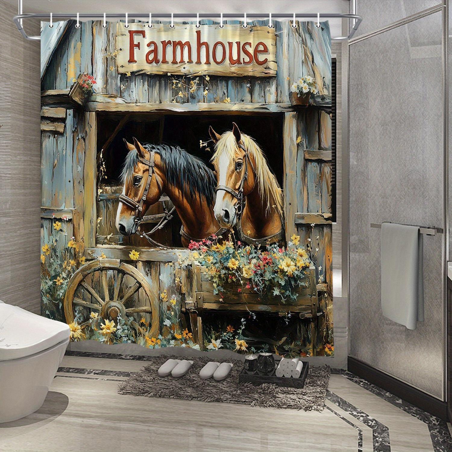 

Rustic Farmhouse Horse Barn Shower Curtain - Realistic Digital Art, Brown Horses, White Manes & Red Flowers, Countryside Theme W90xH180cm