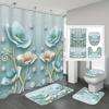 4-piece Set of Blue White Jade Orchid Waterproof Printed Shower Curtains with 12 Hooks, Bathroom Floor Mats