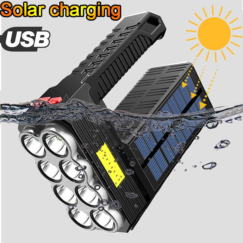 Torcia elettrica ricaricabile USB/solare a 8 LED Torcia tattica a batteria con faretto a lunga portata impermeabile multifunzione per esterni