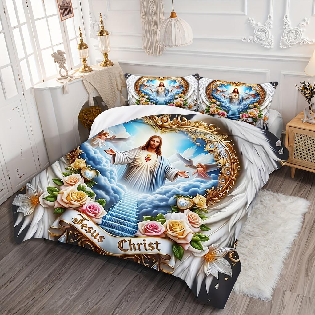 Heilige Hingabe Flügel Kreuz Blume Engel Jesus Tür zum Himmel Bettwäsche Set Digitaldruck Bettbezug Set Reißverschluss Design