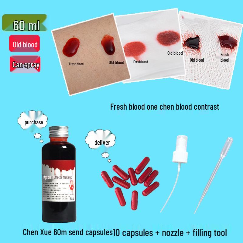 Washable Fake Blood Spray & Capsules for Halloween Makeup & Acting.