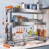 Double-Layer Stainless Steel Kitchen Storage Rack with Utensil Holders