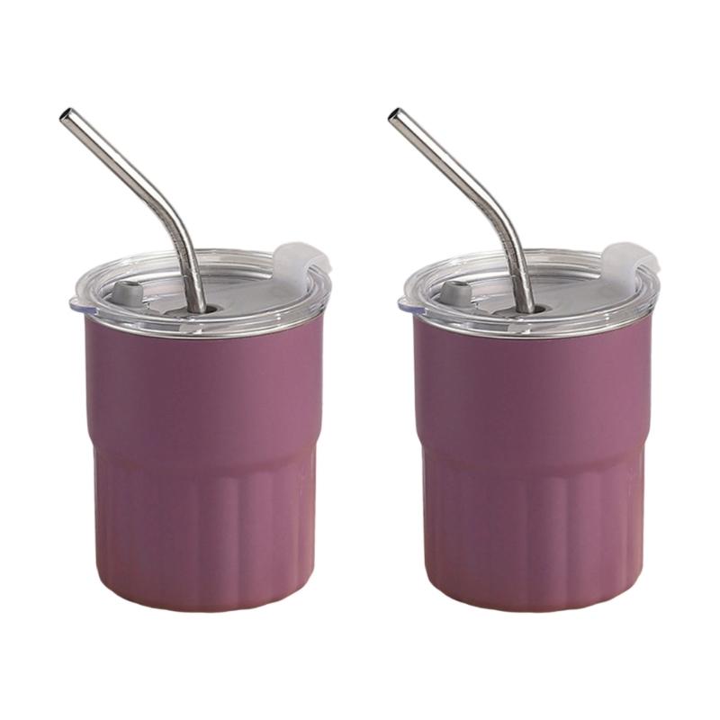 2pcs 304 Stainless Steel Cups Stackable Metal Cold Water Glasses Double Walled Drinking Cup with Straw and Lid