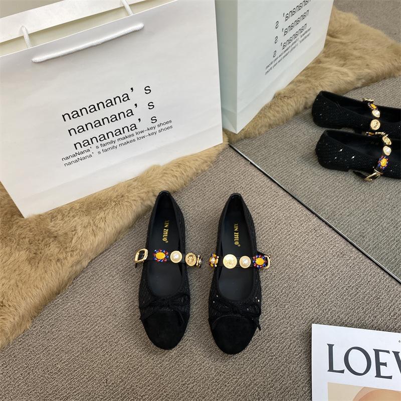 XINZHOU Tweed Color Matching Flat-bottomed Bow Single Shoes Women's 2025 One-word Buckle Pearl Light Mouth Mary Jane Shoes