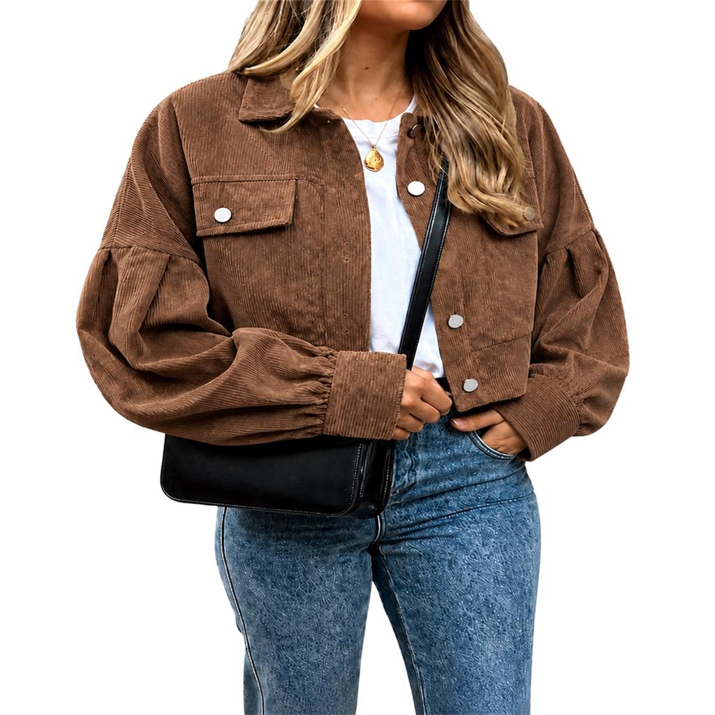 Women's Short Corduroy Jacket with Sleeves, Loose Fit