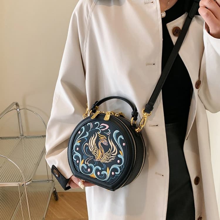 Vintage Embroidery Round Shoulder Bag, Zipper Handbag, Classic Trend Niche Satchel Bag