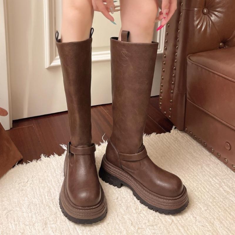 Hohe Stiefel Damen Flats Plateau Modeschuhe Winter Designer Kniehoch Motorradstiefel Neuer Trend Walking Damenstiefel