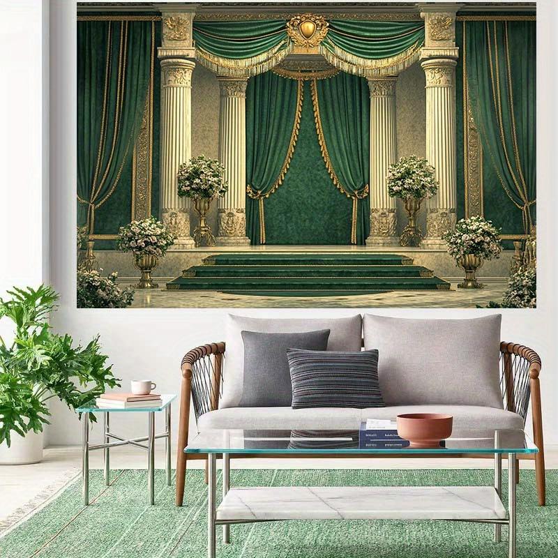 One Piece of Luxurious Background Fabric for European Palaces - with Emerald Green and Gold Accents, Made of Polyester Fabric