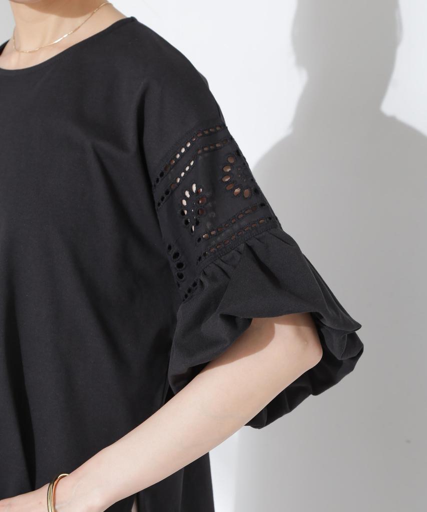 Nano Universe Floral Lace Top with Balloon Size F Women's Sleeves, Black, 010, 673-5124314