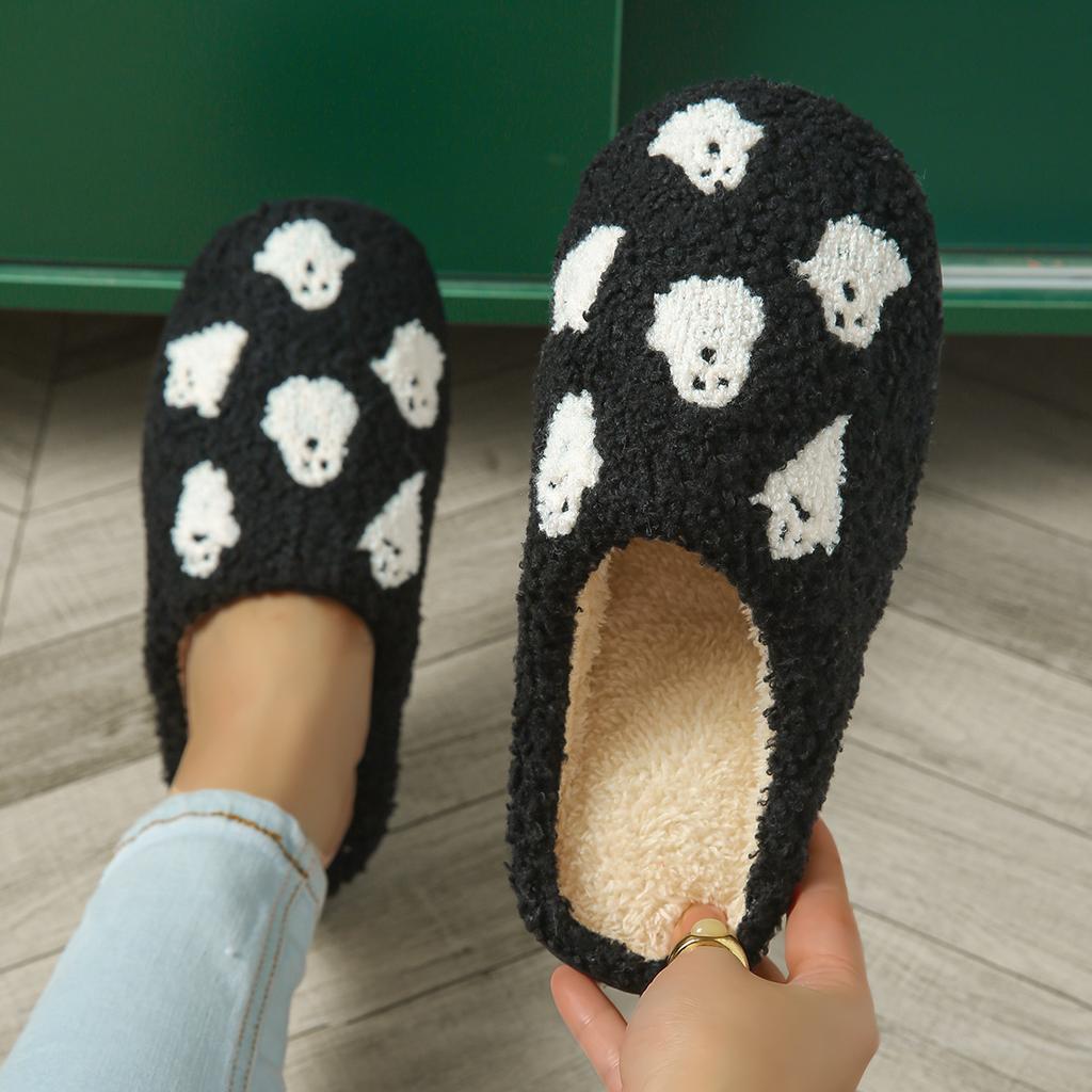 Fashion Punisher Skull Pattern Embroider Plush Home Comfortable Cotton Slippers Warm Non-Slip Indoor Slippers Halloween Christmas Gifts
