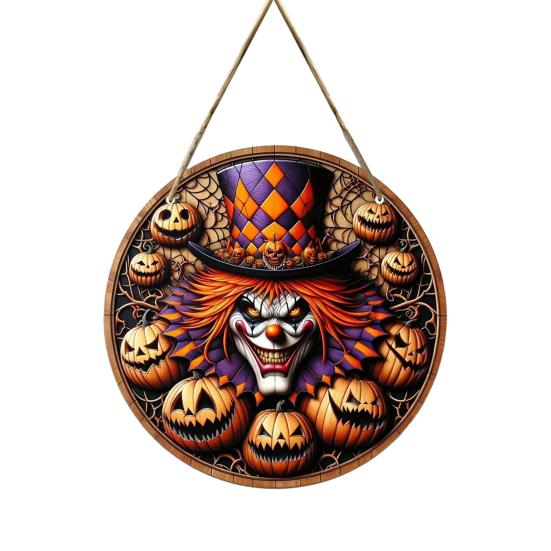 Thanksgiving Yard Display Halloween Wooden Sign,Round Hanging Pendant with Lanyard, Retro Distressed Holiday Home Ornament Wood Skeleton/Pumpkin/Clown