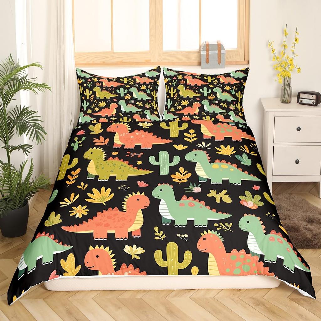 Cute Dinosaur Duvet Cover King Queen Kawaii Cartoon Wild Dino Bedding Set For Kids Boys Girls Jungle Animals Comforter Cover