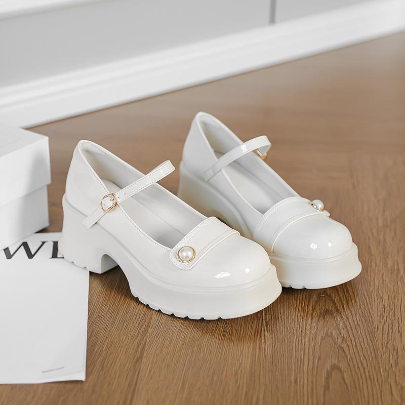 

Sweet and gentle style Mary Jane single shoes women s thick-soled thick heel light mouth one-word buckle belt fashionable French small leather shoes w 33