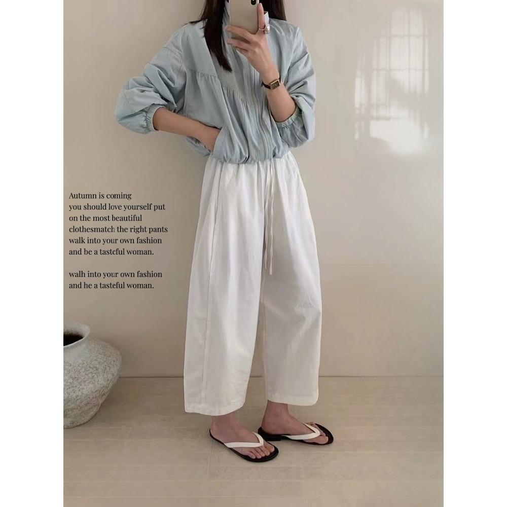 Women's High Waist Drawstring Wide Leg Cropped Pants Loose Fit Casual Linen Blend Ankle Trousers For Summer Daily Wear