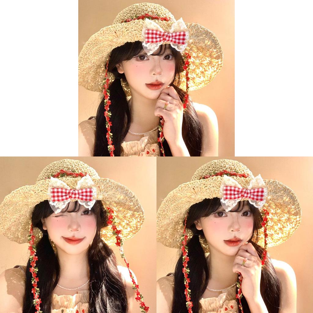Handmade Straw Sun Hat With Extended Brim And Ribbon Tie For Outdoor Sunshade