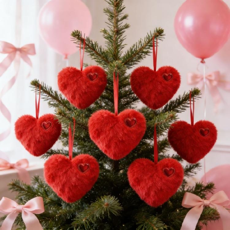 Festival Rabbit Hair Ball Heart Ornament Feature Ribbon Hanging Adornment For Holiday Party And Home Decors Accent