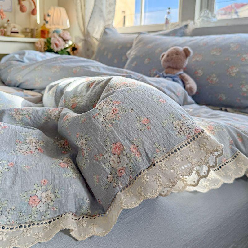 Ins Korean Style Blue Bow Double Layer Gauze Four-Piece Set Simple Lace Edge Duvet Cover Bed Sheet Dormitory 3-Piece Set