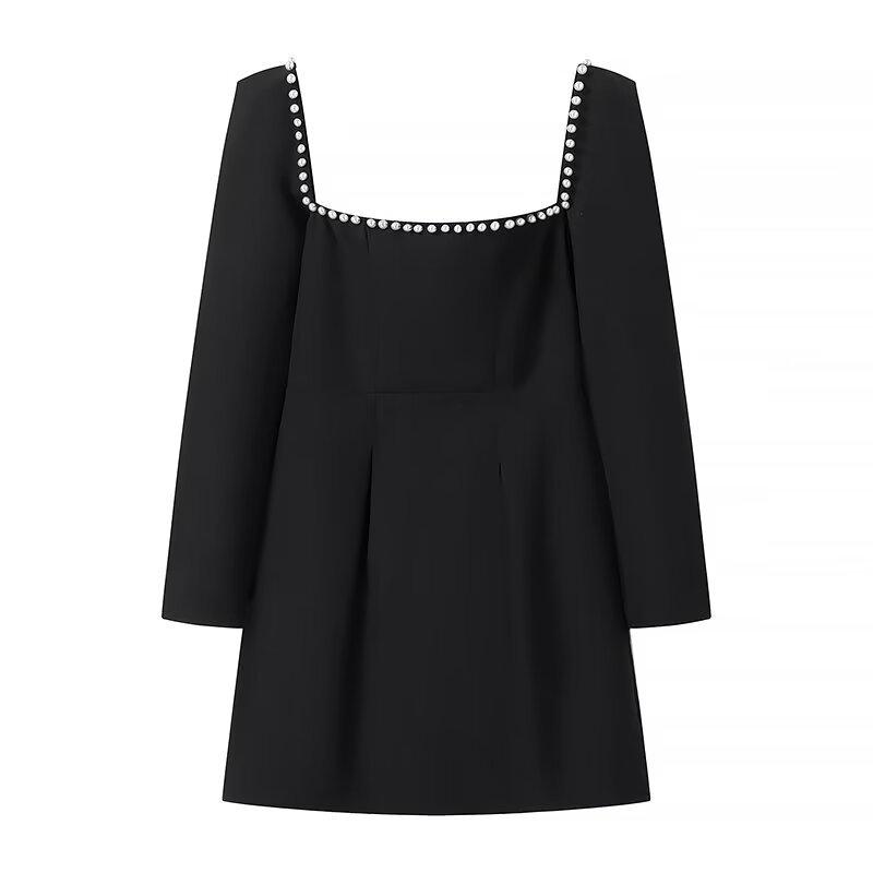 Women s Velvet Mini Dress with Rhinestones: Elegant Square Neck, Long Sleeve, Waist-Cinched Small